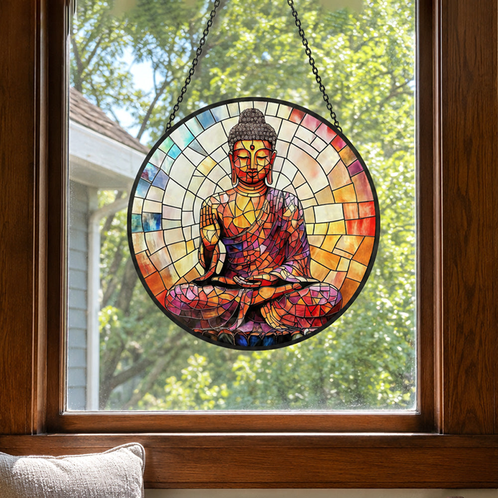 Celestial mystical zen buddha stained glass suncatcher window hanging, suitable for home and garden decoration