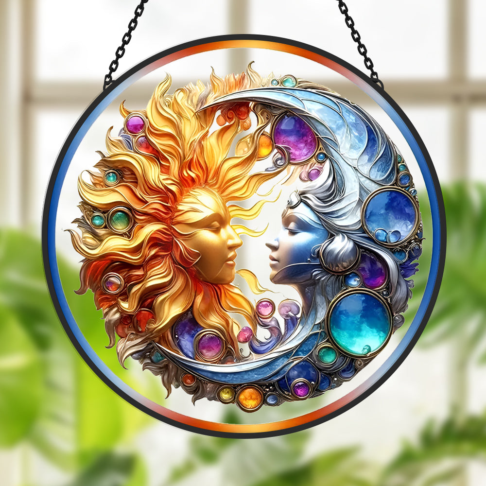 Celestial sun and moon face stained glass suncatcher window hanging, suitable for home and garden decoration