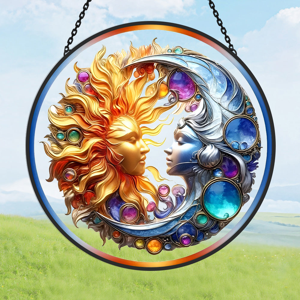 Celestial sun and moon face stained glass suncatcher window hanging, suitable for home and garden decoration
