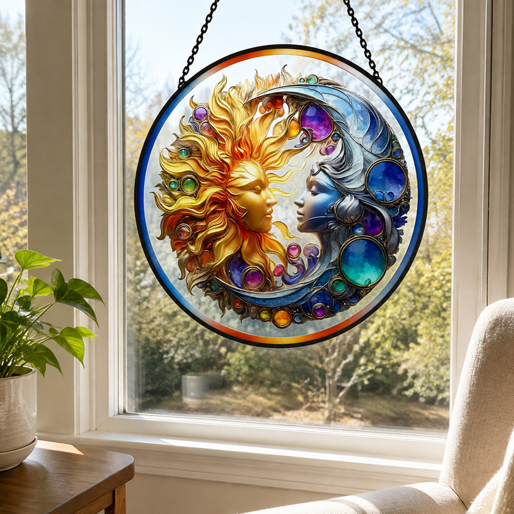 Celestial sun and moon face stained glass suncatcher window hanging, suitable for home and garden decoration