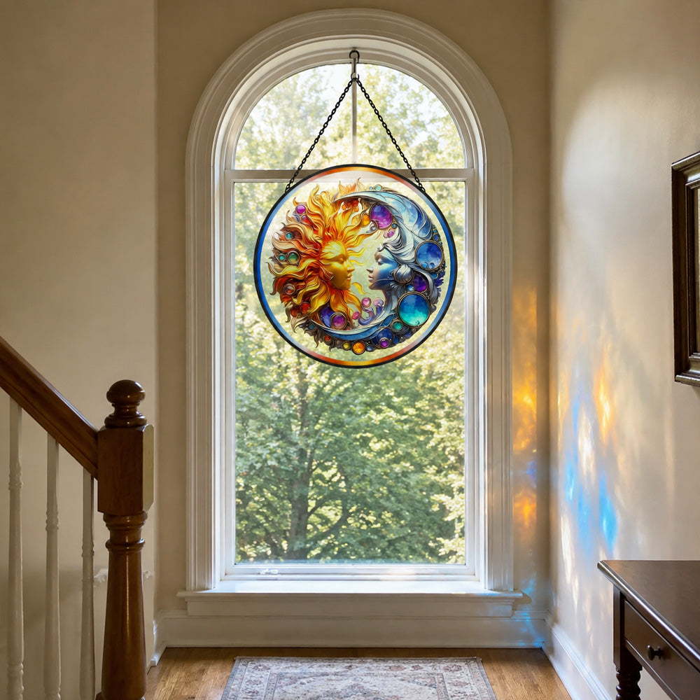 Celestial sun and moon face stained glass suncatcher window hanging, suitable for home and garden decoration