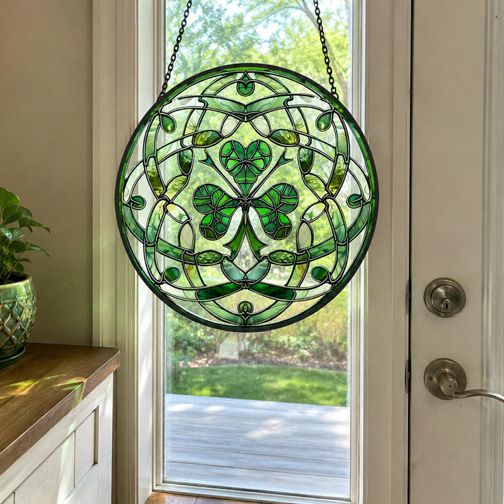 Celtic knot shamrock irish stained glass suncatcher window hanging, suitable for home and garden decoration