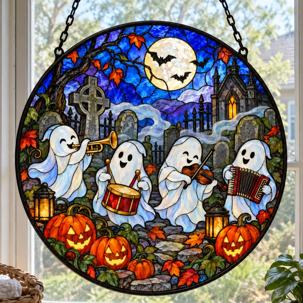 Cemetery Ghost Band Halloween stained glass suncatcher window hanging, suitable for home and garden decoration