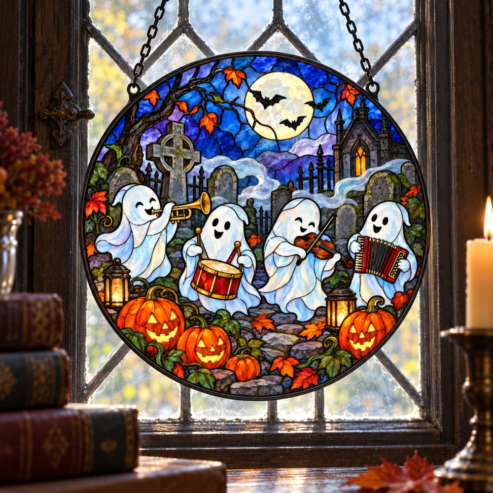 Cemetery Ghost Band Halloween stained glass suncatcher window hanging, suitable for home and garden decoration