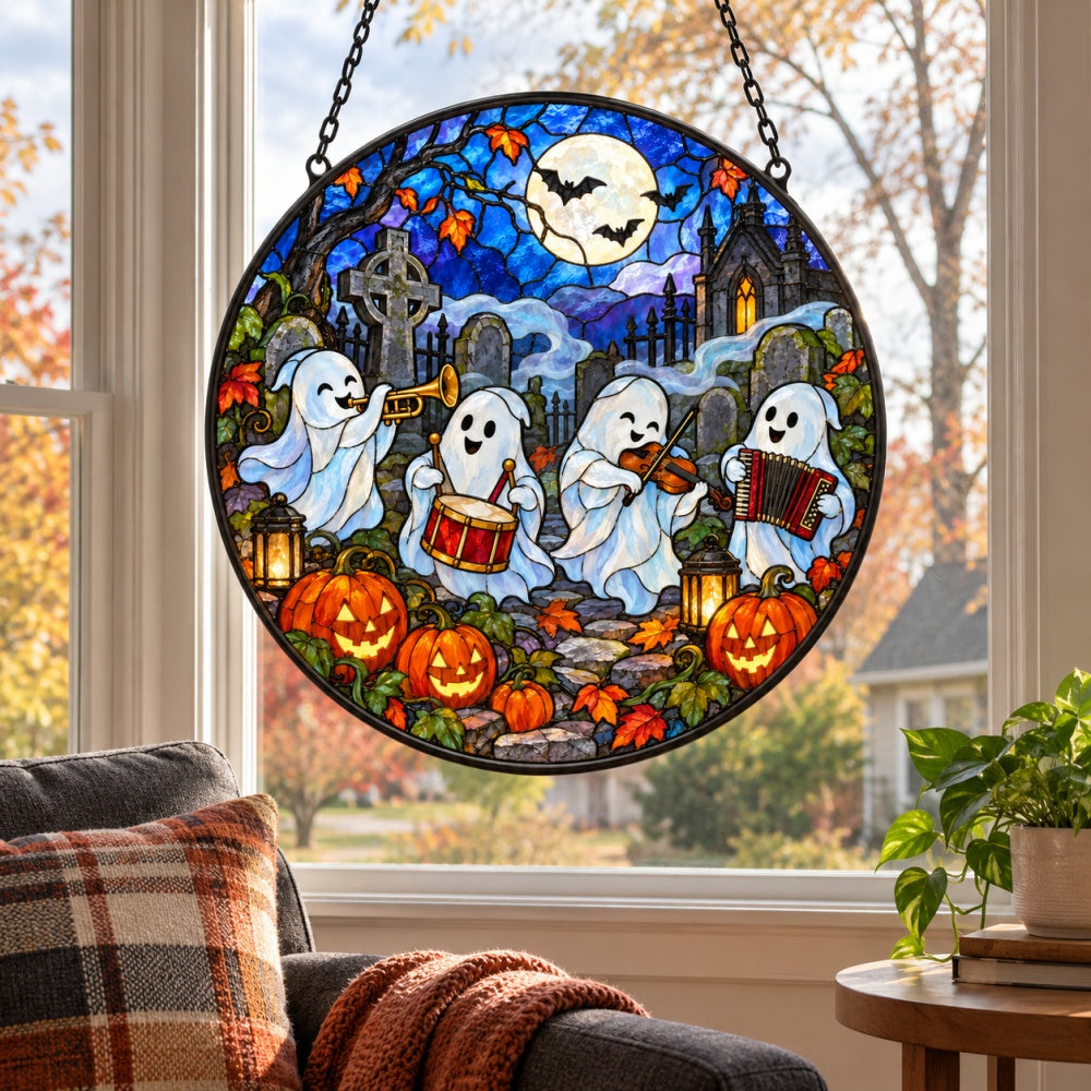 Cemetery Ghost Band Halloween stained glass suncatcher window hanging, suitable for home and garden decoration