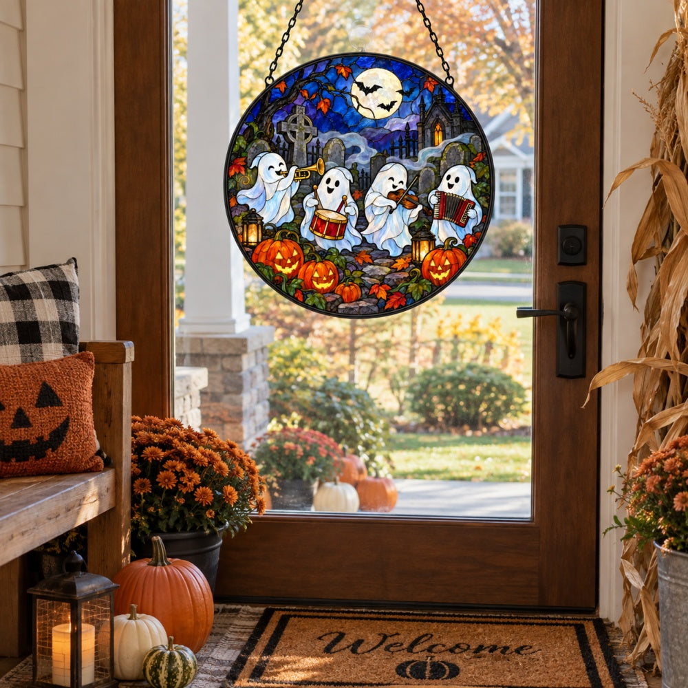 Cemetery Ghost Band Halloween stained glass suncatcher window hanging, suitable for home and garden decoration