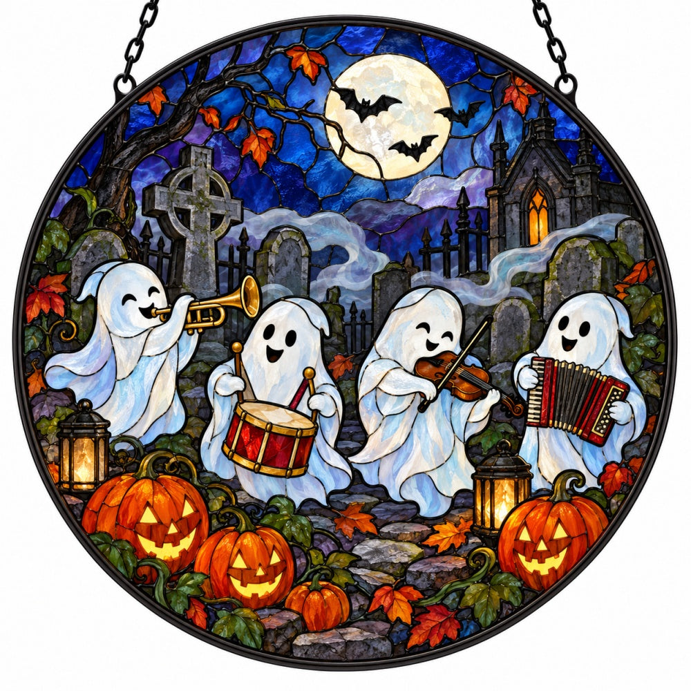 Cemetery Ghost Band Halloween stained glass suncatcher window hanging, suitable for home and garden decoration