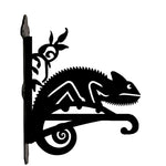 Chameleon lizard on vine metal hanging basket bracket mounted on outdoor wall for plant decoration