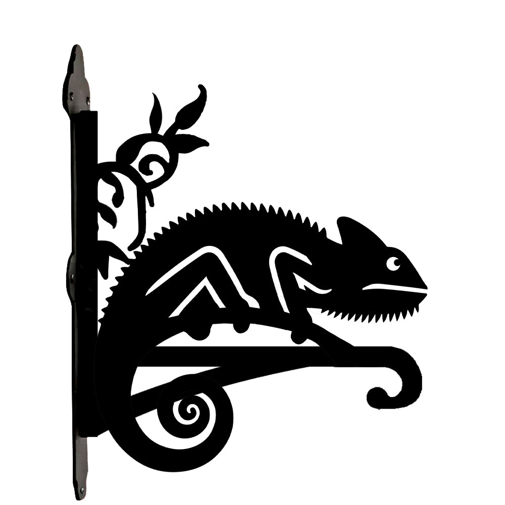 Chameleon lizard on vine metal hanging basket bracket mounted on outdoor wall for plant decoration