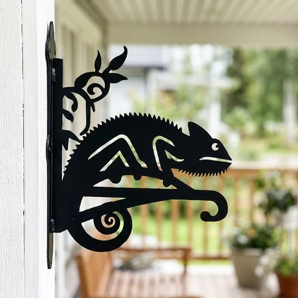 Chameleon lizard on vine metal hanging basket bracket mounted on outdoor wall for plant decoration