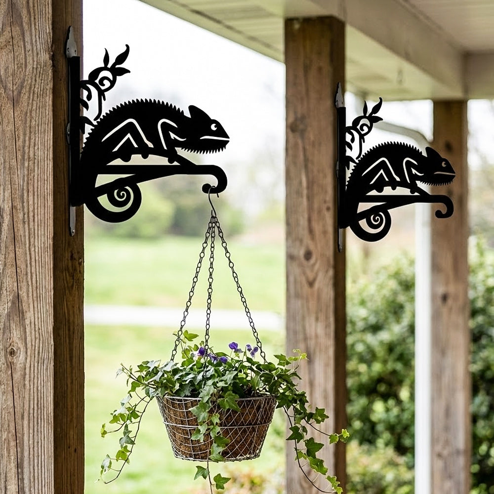 Chameleon lizard on vine metal hanging basket bracket mounted on outdoor wall for plant decoration