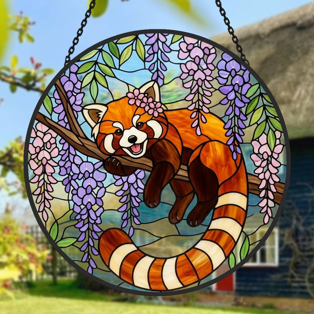 Charming wisteria garland red panda stained glass suncatcher window hanging, suitable for home and garden decoration