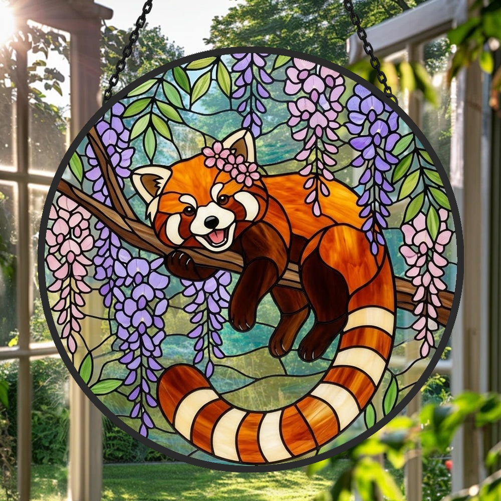 Charming wisteria garland red panda stained glass suncatcher window hanging, suitable for home and garden decoration