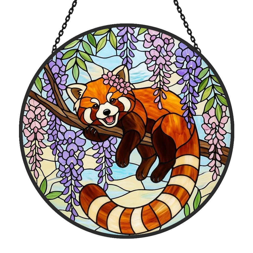 Charming wisteria garland red panda stained glass suncatcher window hanging, suitable for home and garden decoration