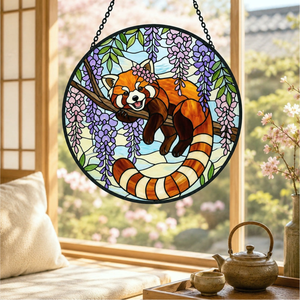 Charming wisteria garland red panda stained glass suncatcher window hanging, suitable for home and garden decoration