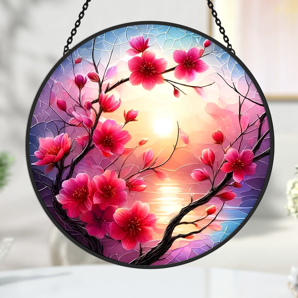 Cherry blossom floral sunset stained glass suncatcher window hanging, suitable for home and garden decoration