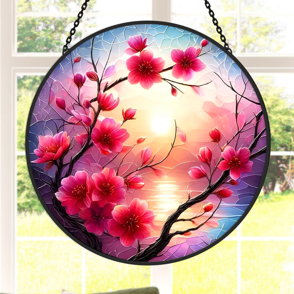 Cherry blossom floral sunset stained glass suncatcher window hanging, suitable for home and garden decoration