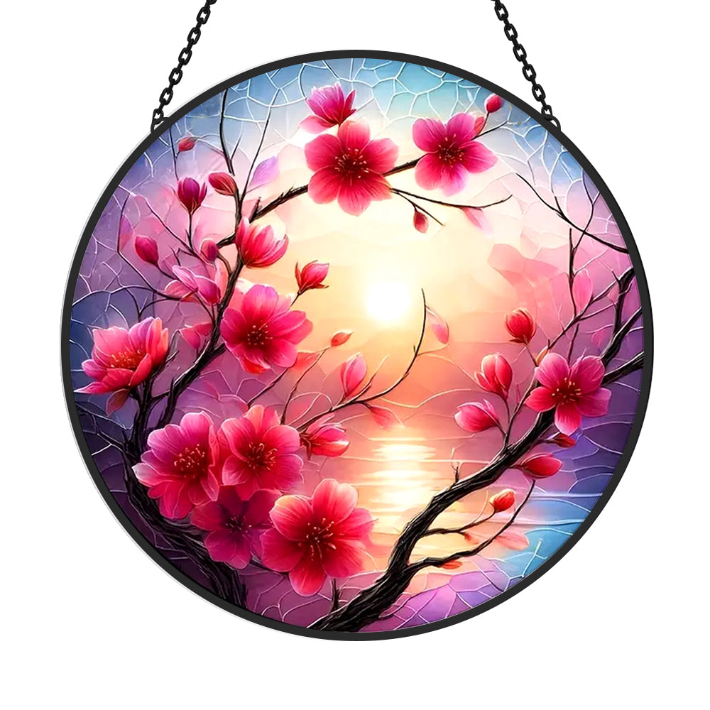Cherry blossom floral sunset stained glass suncatcher window hanging, suitable for home and garden decoration