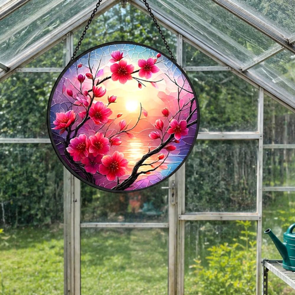 Cherry blossom floral sunset stained glass suncatcher window hanging, suitable for home and garden decoration