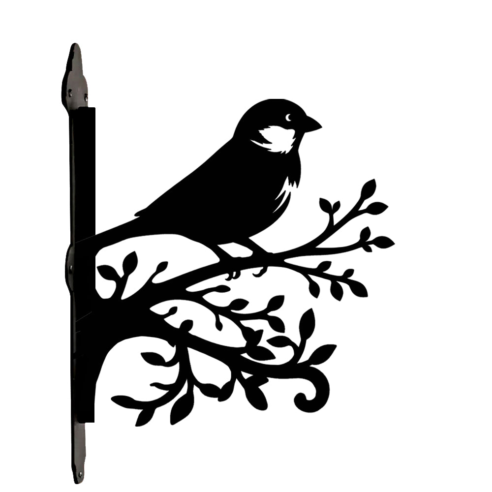 Chickadee bird on branch metal hanging basket bracket mounted on outdoor wall for plant decoration