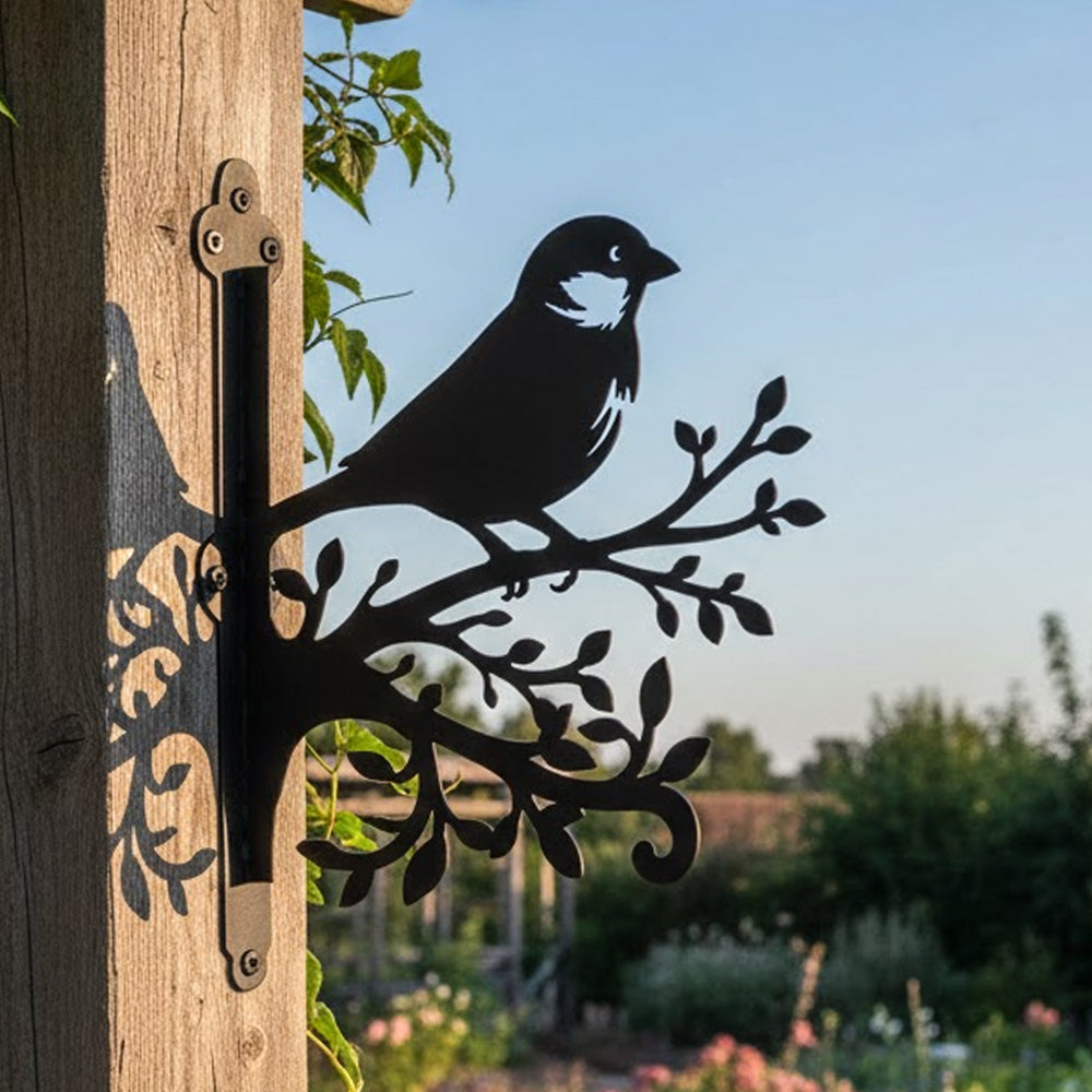 Chickadee bird on branch metal hanging basket bracket mounted on outdoor wall for plant decoration