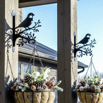 Chickadee bird on branch metal hanging basket bracket mounted on outdoor wall for plant decoration