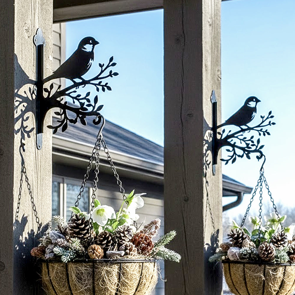 Chickadee bird on branch metal hanging basket bracket mounted on outdoor wall for plant decoration