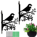 Chickadee bird on branch metal hanging basket bracket mounted on outdoor wall for plant decoration