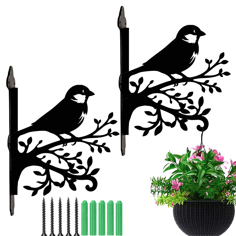 Chickadee bird on branch metal hanging basket bracket mounted on outdoor wall for plant decoration