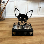 Personalized chihuahua metal dog bowl stand with custom name cutout and two removable feeding bowls