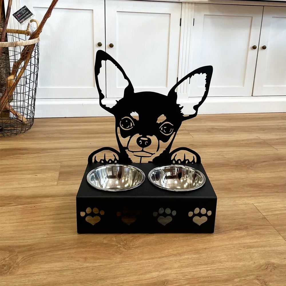 Personalized chihuahua metal dog bowl stand with custom name cutout and two removable feeding bowls
