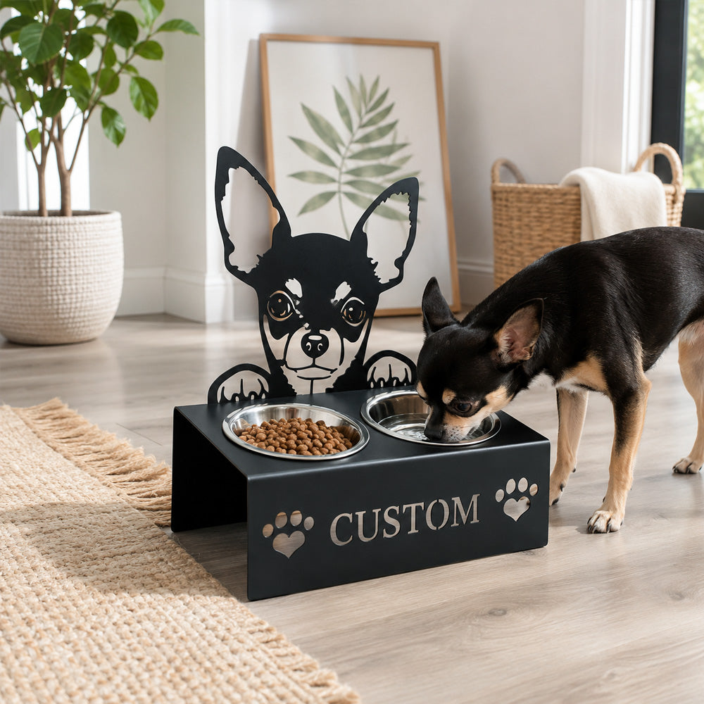 Personalized chihuahua metal dog bowl stand with custom name cutout and two removable feeding bowls