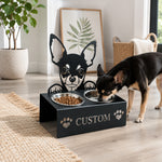Personalized chihuahua metal dog bowl stand with custom name cutout and two removable feeding bowls