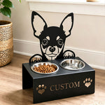 Personalized chihuahua metal dog bowl stand with custom name cutout and two removable feeding bowls