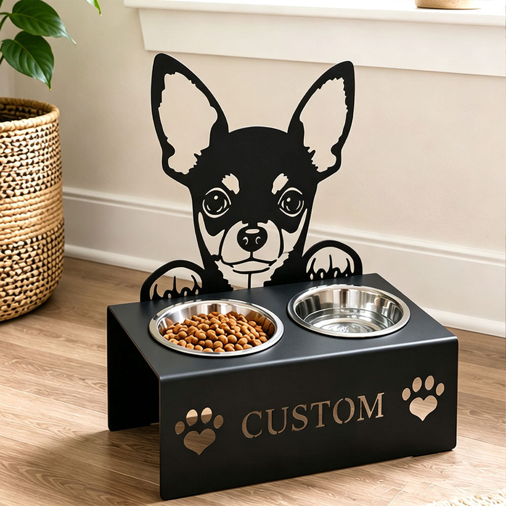 Personalized chihuahua metal dog bowl stand with custom name cutout and two removable feeding bowls