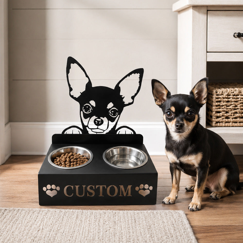 Personalized chihuahua metal dog bowl stand with custom name cutout and two removable feeding bowls