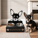 Personalized chihuahua metal dog bowl stand with custom name cutout and two removable feeding bowls