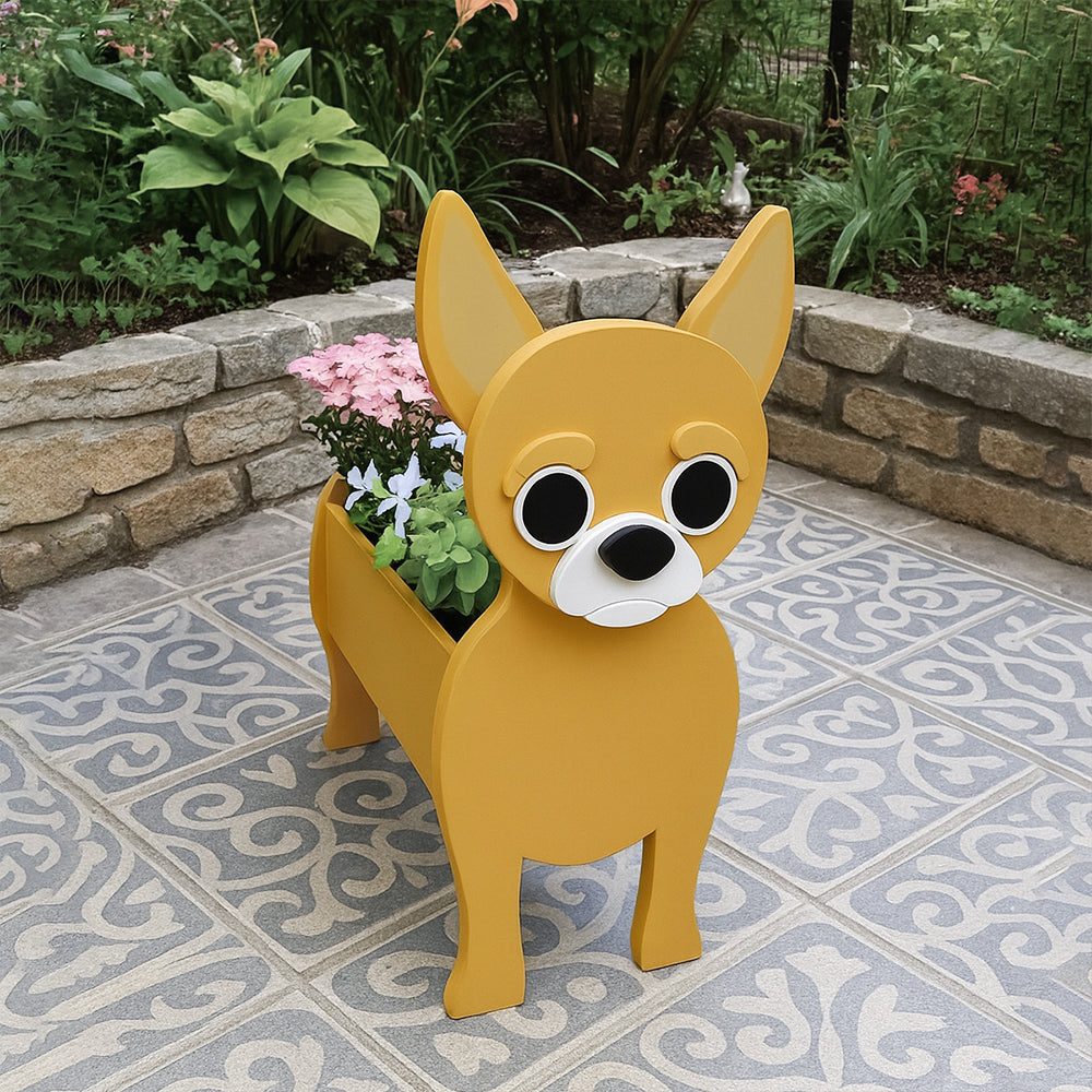 Chihuahua dog planter filled with fresh flowers is placed in the garden
