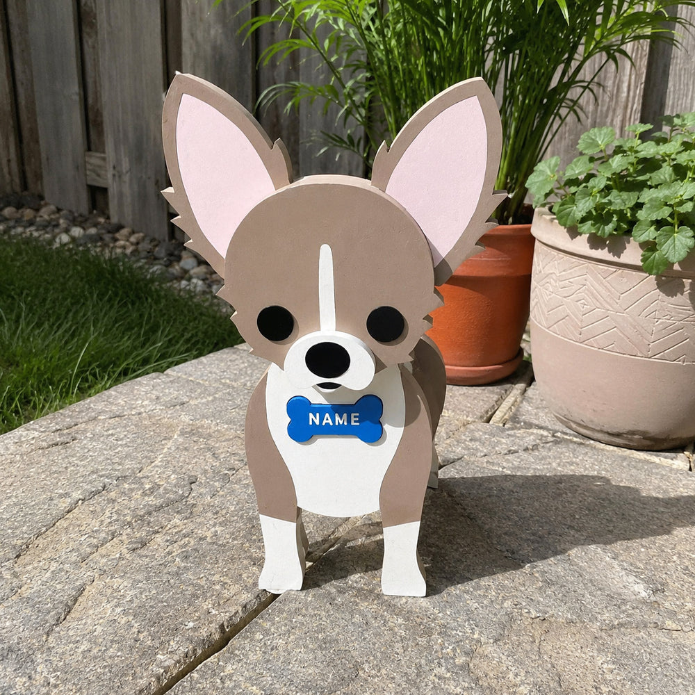 Chihuahua dog planter filled with fresh flowers is placed in the garden
