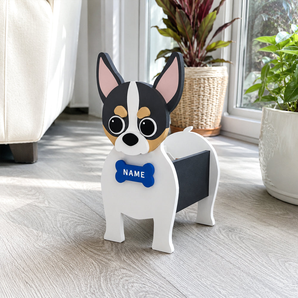 Chihuahua dog planter filled with fresh flowers is placed in the room