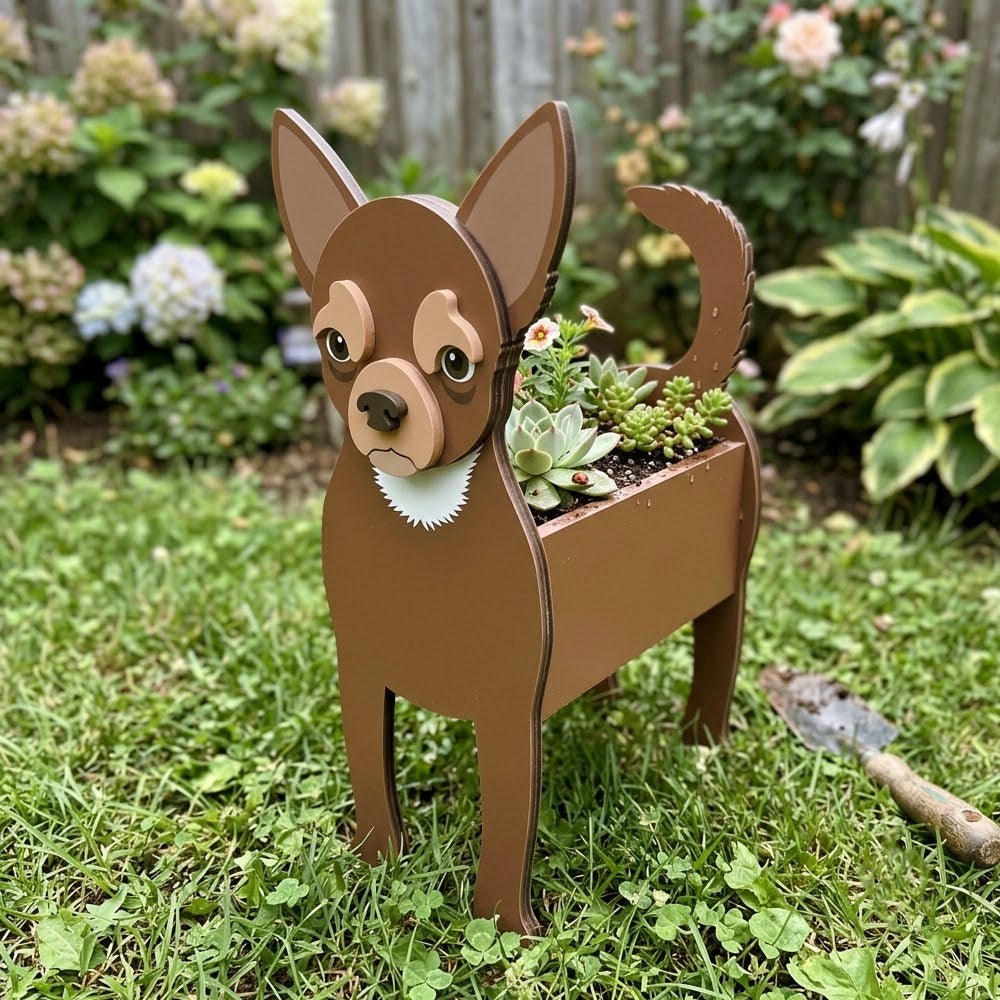 Chihuahua dog planter filled with fresh flowers is placed in the garden