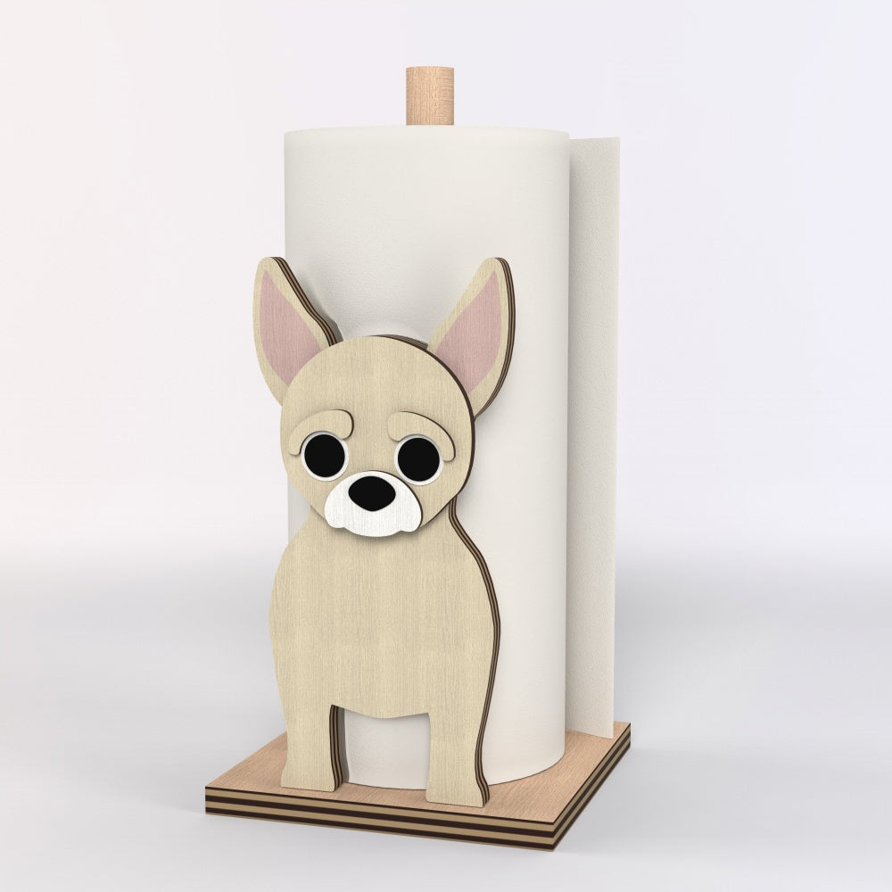 Chihuahua Wooden Dog Paper Towel Holder displayed on a kitchen countertop with a freestanding paper towel roll
