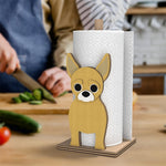 Chihuahua Wooden Dog Paper Towel Holder displayed on a kitchen countertop with a freestanding paper towel roll