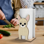 Chihuahua Wooden Dog Paper Towel Holder displayed on a kitchen countertop with a freestanding paper towel roll