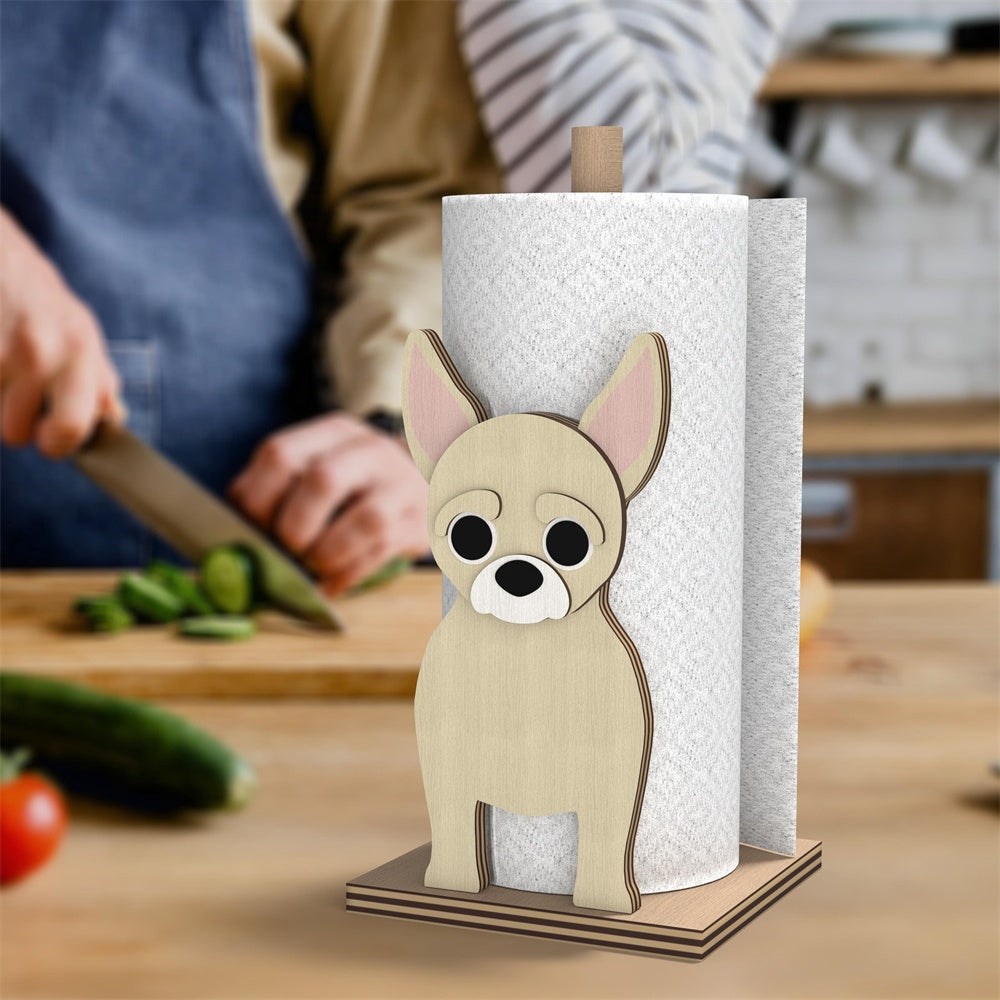 Chihuahua Wooden Dog Paper Towel Holder displayed on a kitchen countertop with a freestanding paper towel roll
