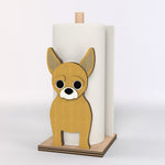 Chihuahua Wooden Dog Paper Towel Holder displayed on a kitchen countertop with a freestanding paper towel roll