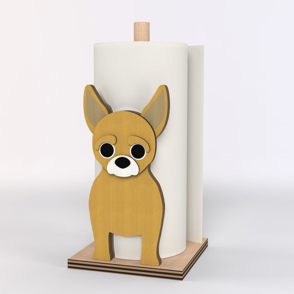 Chihuahua Wooden Dog Paper Towel Holder displayed on a kitchen countertop with a freestanding paper towel roll