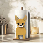 Chihuahua Wooden Dog Paper Towel Holder displayed on a kitchen countertop with a freestanding paper towel roll