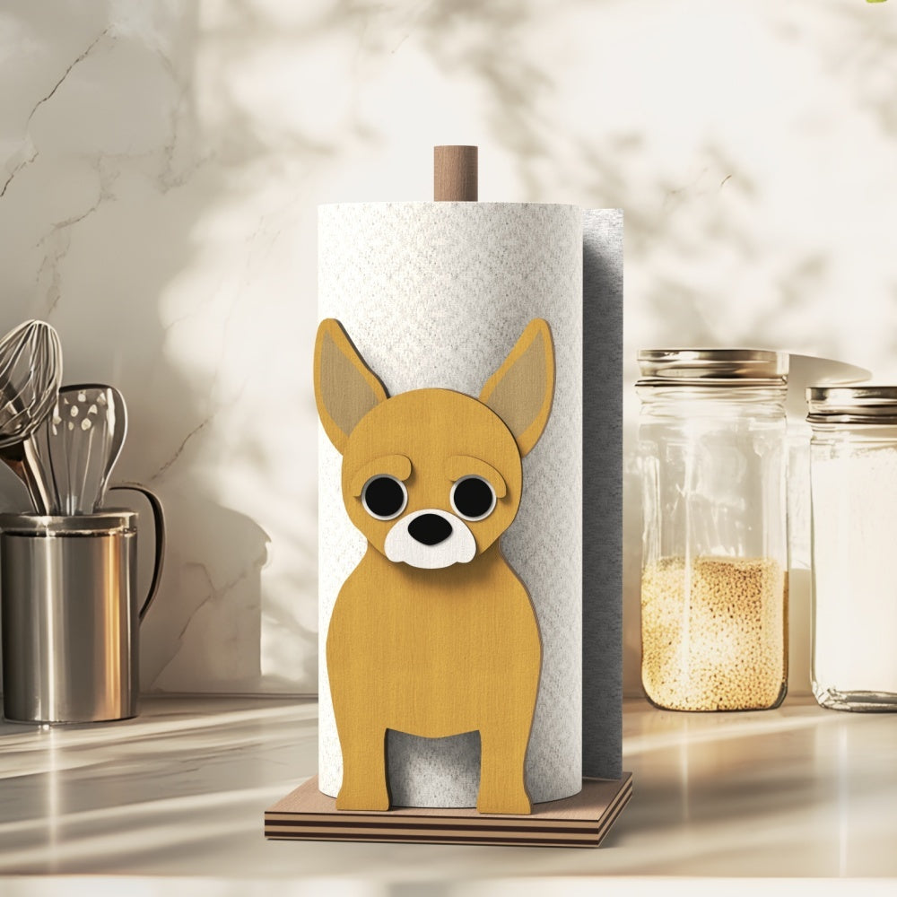 Chihuahua Wooden Dog Paper Towel Holder displayed on a kitchen countertop with a freestanding paper towel roll