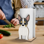 Chihuahua Wooden Dog Paper Towel Holder displayed on a kitchen countertop with a freestanding paper towel roll